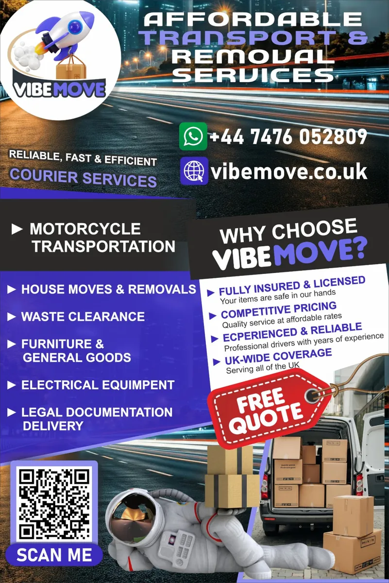 VibeMove affordable transport and removal services poster listing motorcycle transportation, house moves, waste clearance, furniture, electrical equipment and legal document delivery