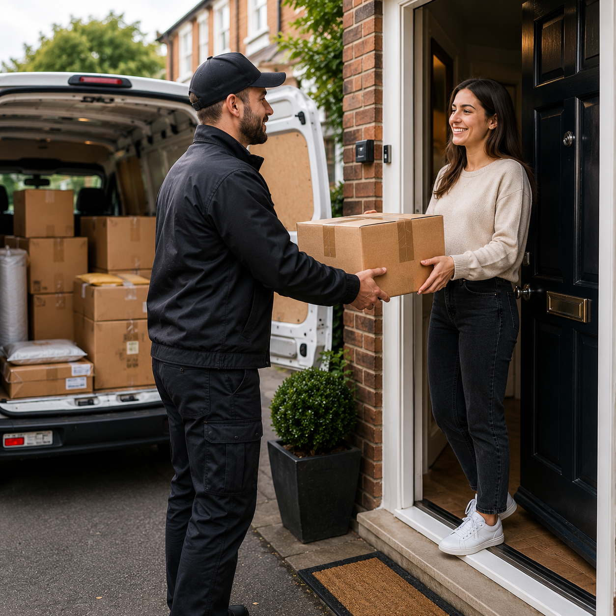 VibeMove courier driver handing a parcel to a customer at their front door