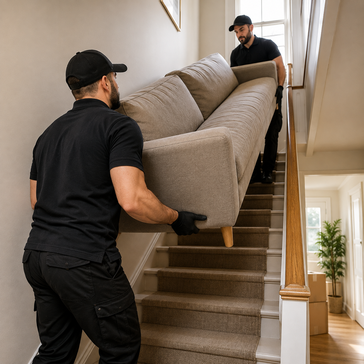 VibeMove movers carrying a sofa up a staircase during a furniture delivery