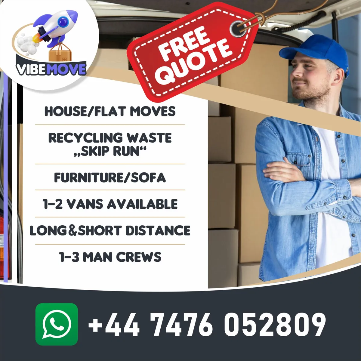 VibeMove man and van services in Scotland: house and flat moves, recycling waste skip run, furniture and sofa delivery, 1-2 vans and 1-3 man crews