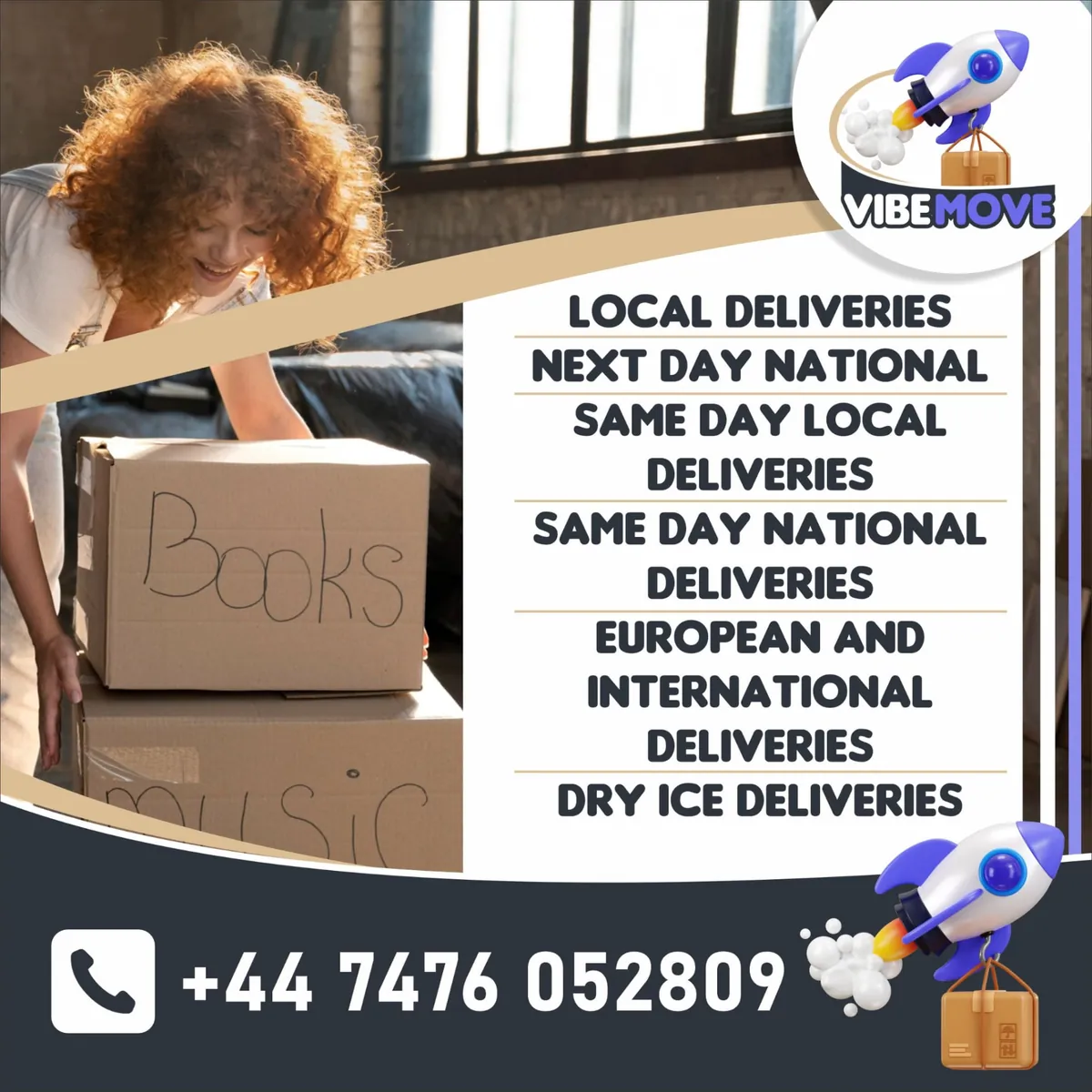 VibeMove courier delivery options: local deliveries, next day national, same day local and national, European and international, plus dry ice deliveries