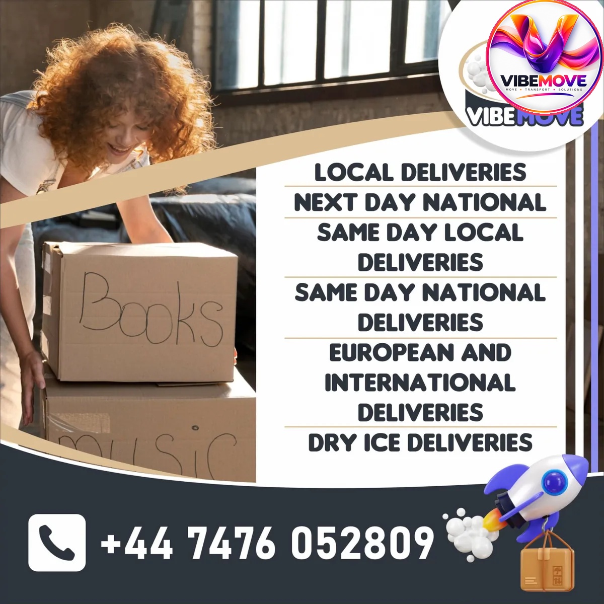 VibeMove courier delivery options: local deliveries, next day national, same day local and national, European and international, plus dry ice deliveries