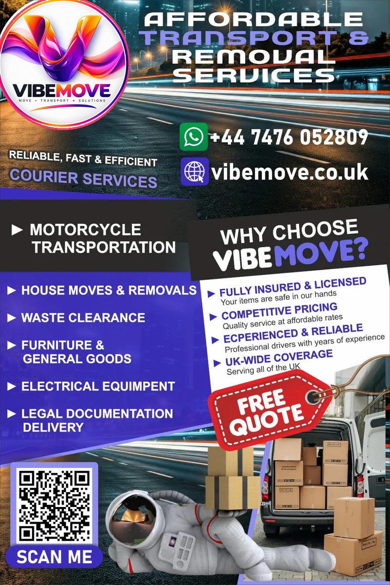 VibeMove affordable transport and removal services poster listing motorcycle transportation, house moves, waste clearance, furniture, electrical equipment and legal document delivery
