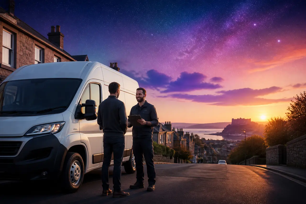 VibeMove man and van driver with a clipboard greeting a customer beside a white van at sunset in a Scottish town — ready for house removals, furniture delivery and clearances across Scotland