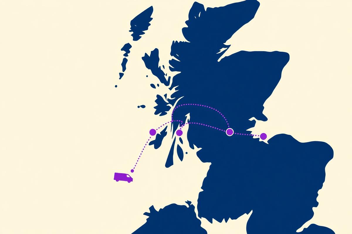 Map of Scotland showing VibeMove man and van coverage routes across Scottish towns and cities
