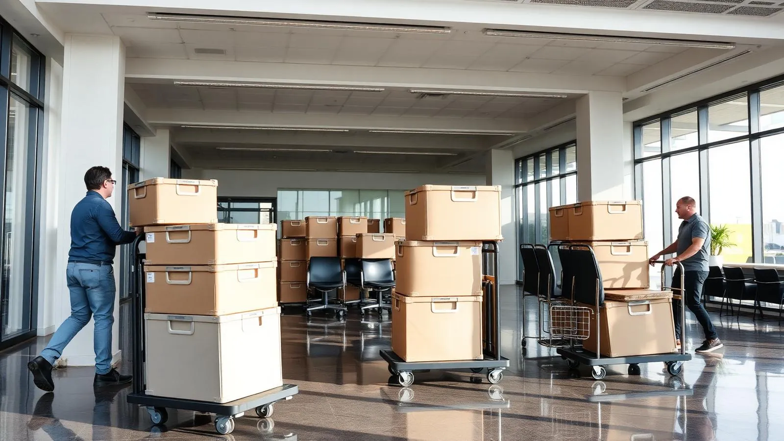 Movers wheeling stacked office crates and chairs through a modern office lobby