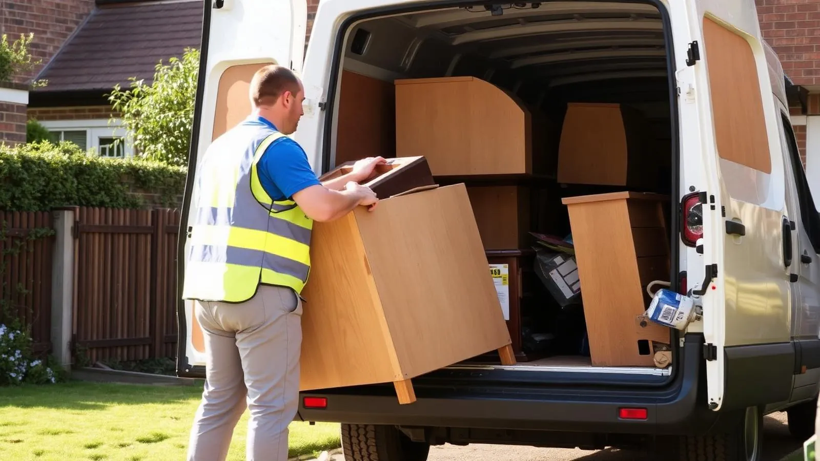 Waste clearance operative loading old furniture into a van during a house clearance