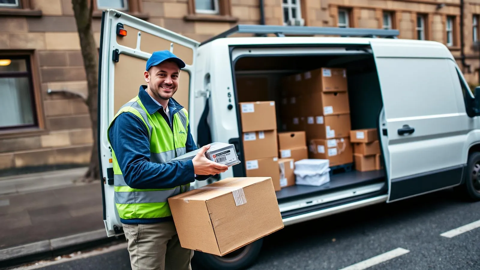 Courier driver holding parcels beside a van loaded with boxes on a Scottish street