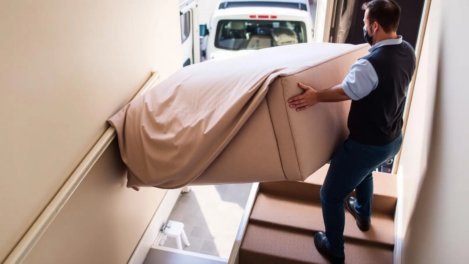 Mover carrying a sofa wrapped in protective covers up a staircase from a delivery van