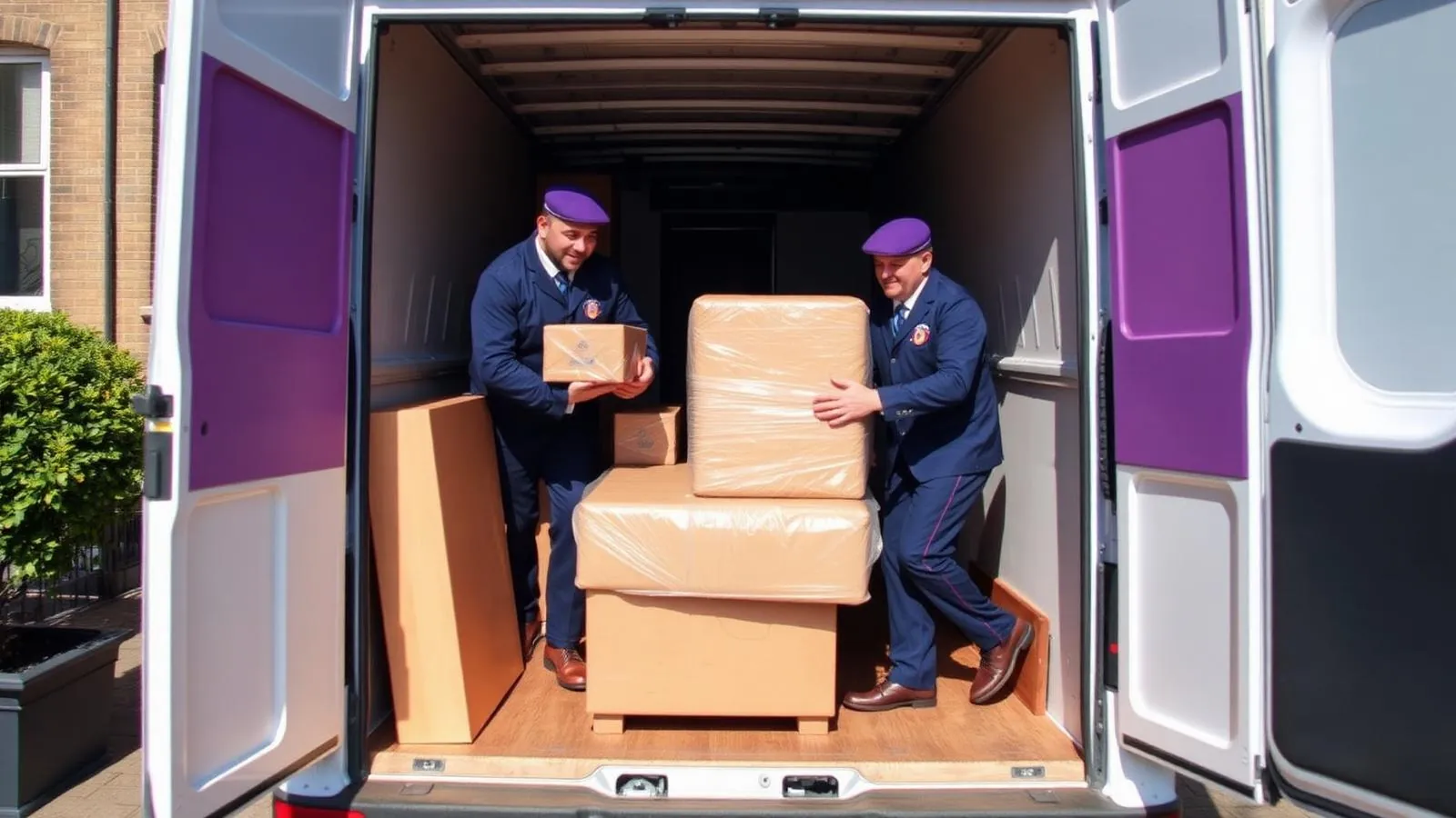 VibeMove movers loading wrapped furniture and boxes into a removal van outside a Scottish flat