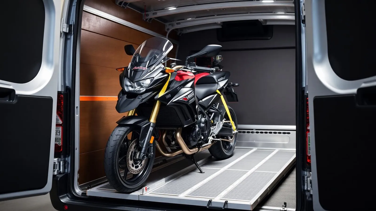 Motorcycle secured with straps on a loading ramp inside a transport van